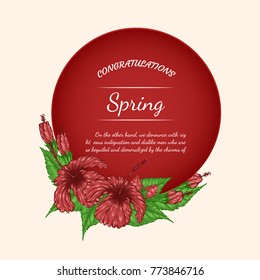 Hibiscus flower vector card by hand drawing.Beautiful flower on brown background.Red hibiscus art highly detailed in line art style.Flower tattoo on vintage paper.