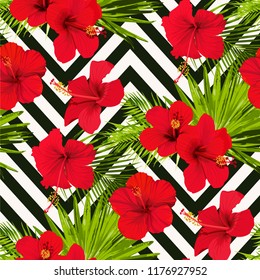 Hibiscus flower vector seamless pattern on a abstract chevron background flowered tropical texture