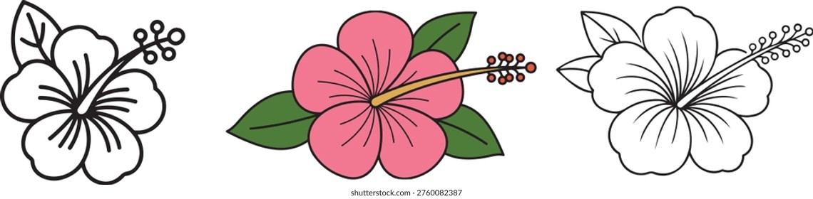 Hibiscus Flower Vector Set – Tropical Floral Illustration in Color and Outline.