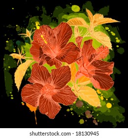 Hibiscus flower - vector watercolor paint. Elements on separate layers
