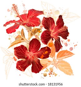 Hibiscus flower - vector watercolor paint. Elements on separate layers