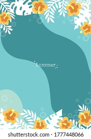 Hibiscus flower with white tropical leaves frame on abstract ocean background vector for decoration on summer holiday theme concept.