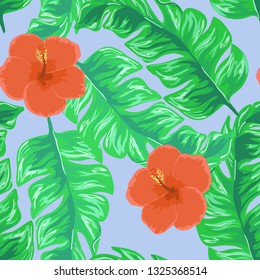 Hibiscus flowers and banana leaves tropical pattern. Exotic seamless pattern with tropical leaves. Ethnic Background with Hawaiian flowers and plants.