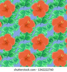 Hibiscus flowers and banana leaves tropical pattern. Exotic seamless pattern with tropical leaves. Ethnic Background with Hawaiian flowers and plants.