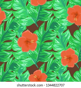 Hibiscus flowers and banana leaves tropical pattern. Exotic seamless pattern with tropical leaves. Ethnic Background with Hawaiian flowers and plants.