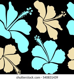 Hibiscus flowers in beige and blue colors. Watercolor painting effect, vector illustration of a hibiscus flower, blossom with multicolored leaves isolated hand drawn on black background.