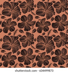 Hibiscus flowers in black color. Watercolor painting effect, vector illustration of a hibiscus flower, blossom with multicolored leaves isolated hand drawn on orange background.