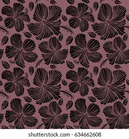 Hibiscus flowers in black color. Watercolor painting effect, vector illustration of a hibiscus flower, blossom with multicolored leaves isolated hand drawn on pink background.