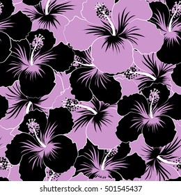 Hibiscus flowers in black and violet colors. Watercolor painting effect, of black and violet hibiscus flowers, blossom with leaves isolated. Hand drawn sketch.