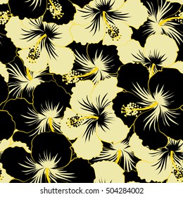 Hibiscus flowers in black and yellow colors. Watercolor painting effect, of black and yellow hibiscus flowers, blossom with leaves isolated. Hand drawn sketch.