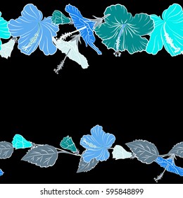 Hibiscus flowers in blue colors. Watercolor painting effect, vector horizontal sketch with hibiscus flower, blossom and multicolored leaves isolated. Hand drawn art with copy space on a black backdrop