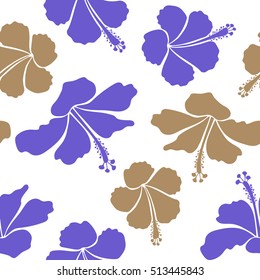 Hibiscus flowers in brown and violet colors. Watercolor painting effect, vector illustration of a hibiscus flower, blossom with multicolored leaves isolated hand drawn on white background.