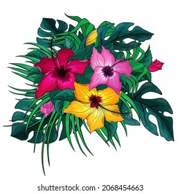 Hibiscus flowers and buds, monstera and palm leaves composition. Purple, yellow, violet floral arrangement isolated on white. Exotic tropical bunch of flowers print for apparel, sticker, copybook.