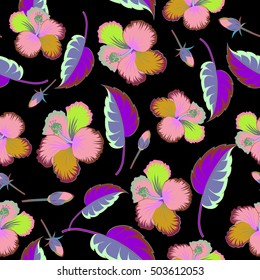 Hibiscus flowers and buds retro vector illustration on black background.