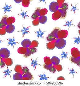 Hibiscus flowers and buds retro vector seamless illustration on white background.