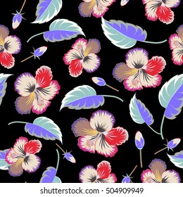 Hibiscus flowers and buds retro vector seamless illustration on black background.