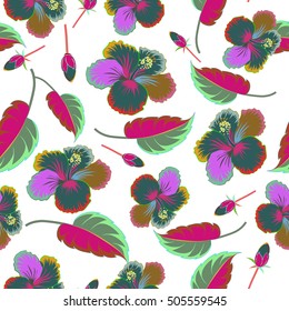 Hibiscus flowers and buds retro vector seamless illustration on white background.