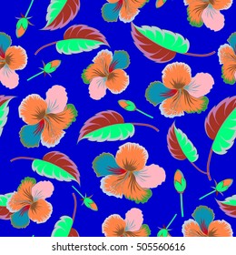 Hibiscus flowers and buds retro vector seamless illustration on blue background.