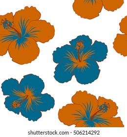 Hibiscus flowers and buds retro vector seamless illustration in blue and brown colors on white background.