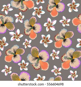 Hibiscus flowers and buds retro vector seamless illustration on gray background.