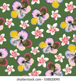 Hibiscus flowers and buds retro vector seamless illustration on green background.