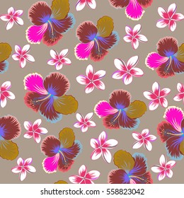 Hibiscus flowers and buds retro vector illustration on beige background.