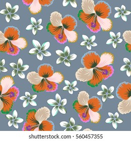 Hibiscus flowers and buds retro vector seamless illustration on neutral background.