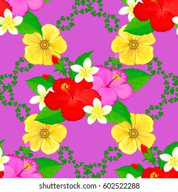 Hibiscus flowers and buds retro vector seamless illustration on violet background.