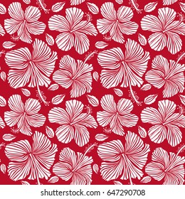 Hibiscus flowers and buds retro vector seamless illustration on red background.
