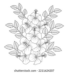 hibiscus flowers coloring page illustration with hawaiian hibiscus leaves and outline rose of sharon. line art stroke of black and white hand drawn of beautiful flower 