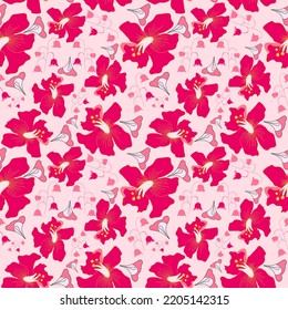 Hibiscus flowers cute princess theme seamless pattern. It is suitable for interior, tile, cards, fabric, cloth and many more. Pink hibiscus flowers seamless surface pattern design.