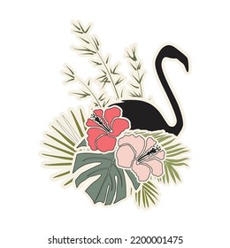 hibiscus flowers, flamingo and palm leaves