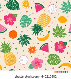 Hibiscus flowers, fruits and palm leaves seamless pattern with dot background.