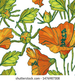 Hibiscus flowers. Geometric seamless pattern with flowers on a white background. Orange flowers.