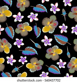 Hibiscus flowers in green and blue colors. Watercolor painting effect, vector illustration of a hibiscus flower, blossom with multicolored leaves isolated hand drawn on black background.