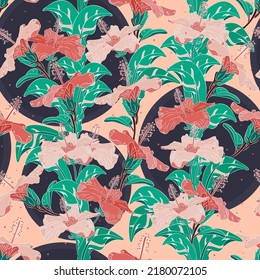 Hibiscus flowers with jungle foliage arranged pattern with an elegant feel. Seamless pattern. Great for scrap-booking, gift-wrap, wallpaper, product design projects. Surface pattern design - Vector