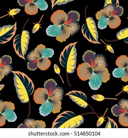 Hibiscus flowers, leaves and buds. Multicolored seamless pattern on a black background.
