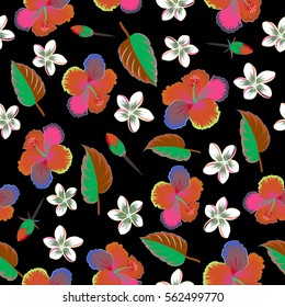 Hibiscus flowers, leaves and buds. Multicolored seamless pattern on a black background.