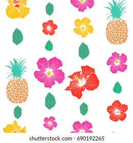 Hibiscus flowers, leaves and  pineapples seamless pattern. Tropical summer decor for wallpaper, paper, textile, natural cosmetic products, food packaging and more. Vector illustration.
