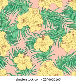 Hibiscus flowers and leaves seamless pattern background. Tropical nature wrapping paper or textile design. Beautiful print with hand-drawn exotic flower.