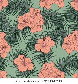 Hibiscus flowers and leaves seamless pattern background. Tropical nature wrapping paper or textile design. Beautiful print with hand-drawn exotic flower.