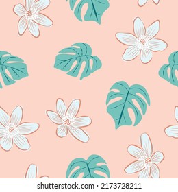 Hibiscus flowers and leaves seamless pattern background. Tropical nature wrapping paper or textile design. Beautiful print with hand-drawn exotic flower.