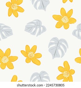 Hibiscus flowers and leaves seamless pattern background. Tropical nature wrapping paper or textile design. Beautiful print with hand-drawn exotic flower.