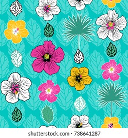 Hibiscus flowers, leaves  seamless pattern. Tropical summer decor for wallpaper, paper, fashion textile, natural cosmetic products, packaging and more. Vector illustration.