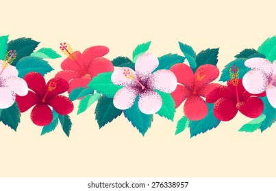 Hibiscus flowers and leaves seamless stripe. Retro vector illustration