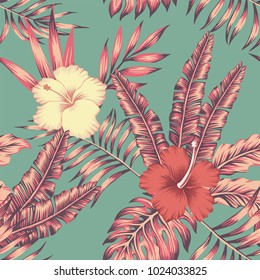 Hibiscus flowers and leaves vintage color tropical vector seamless pattern composition. Flat beach party wallpaper