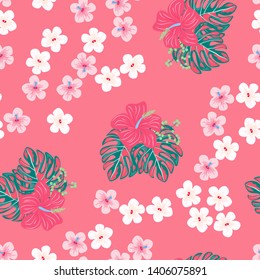 Hibiscus flowers Monstera leaves floral print for fabric vector seamless pattern. Palm leaf for swimsuits endless background. Exotic leaves tropical print.