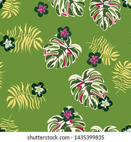 Hibiscus flowers Monstera leaves floral print for fabric vector seamless pattern. Palm leaf for swimsuits endless background. Exotic leaves tropical print.