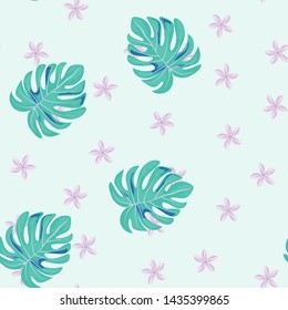 Hibiscus flowers Monstera leaves floral print for fabric vector seamless pattern. Palm leaf for swimsuits endless background. Exotic leaves tropical print.