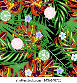 Hibiscus flowers Monstera leaves floral print for fabric vector seamless pattern. Palm leaf for swimsuits endless background. Exotic leaves tropical print.